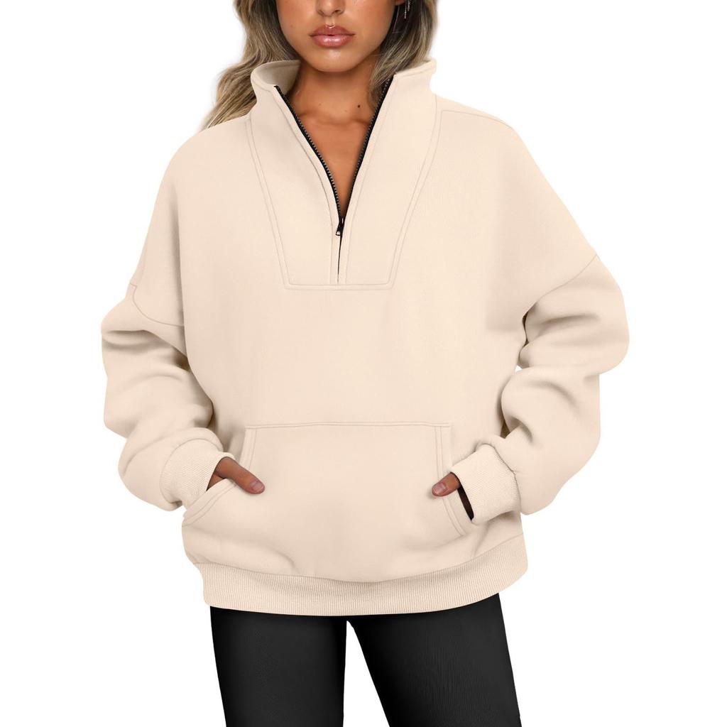 Autumn and Winter Standing Collar Solid Color Sweater Pocket Zipper Women's Casual Loose Fleece Threaded Top