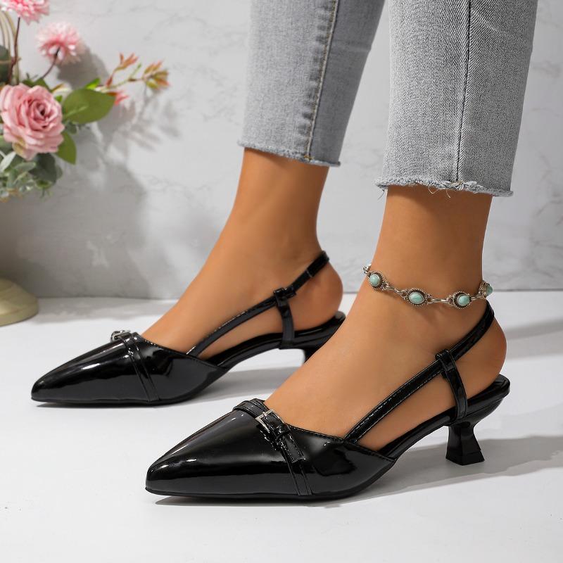 Fashion 2025 New Fashionable Summer Pointed Patent Leather Mid-heel Overhead Sandals for Women Retro Skinny Heel Back Empty Shoes
