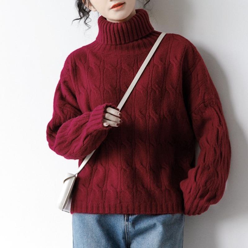 

Зима 2025 Новые Ретро Кашемировые Свитеры Водолазка Косы Женский Толстый Пуловер Свободная Базовая Рубашка OneSize красный