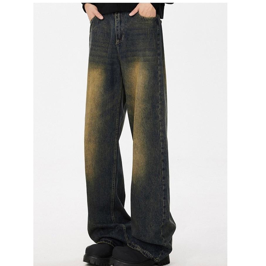Ретро старые стираные джинсы мужские осенние американский хай-стрит свободные брюки-клеш модный бренд универсальные большого размера брюки M