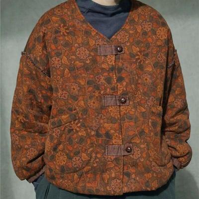 Damskie parki w stylu vintage z nadrukiem w kwiaty, dekolt w serek, długi guzik na rękawie, zimowe płaszcze, ciepłe plus bawełniane ubrania parki