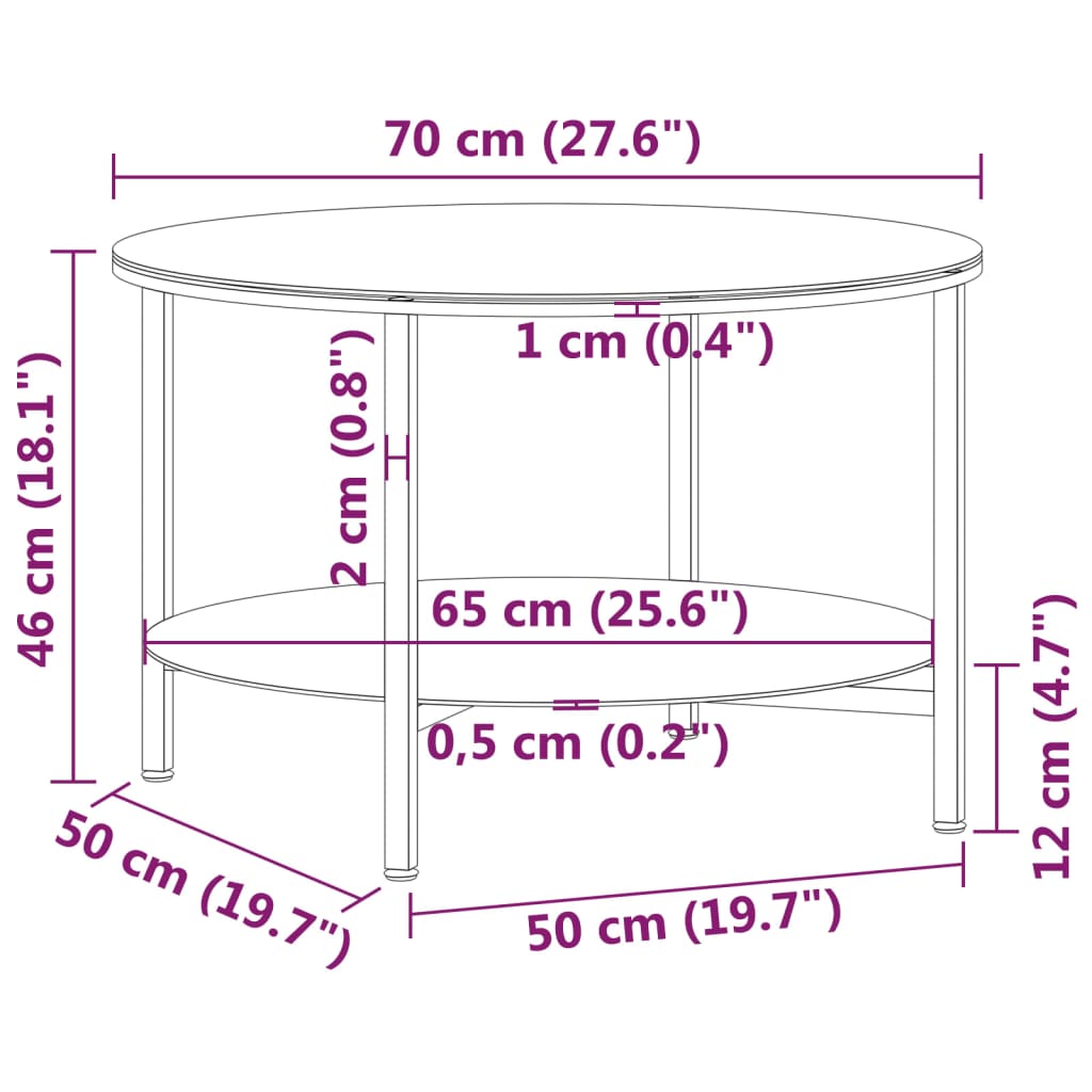 Vidaxl Coffee Table, Black Frame And Transparent Tempered Glass, 70 Cm