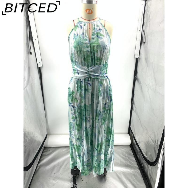 BITCED Dámské letní dlouhé šaty s výstřihem do V, na špagetová ramínka, bez rukávů, s potiskem a plnou sukní