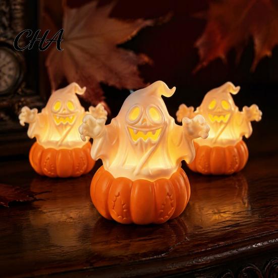 Halloween Party Supplies Pumpkin Light, LED Lighted Ghost Skull Lantern, Spooky Safe Flameless Candles Tabletop Decorative Lamp for Home Indoor