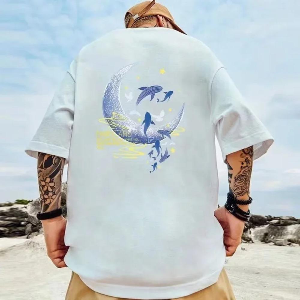M-8XL Men Loose American Retro Style Whale Print Short Sleeved Round Neck Versatile Trendy Couple Outfit