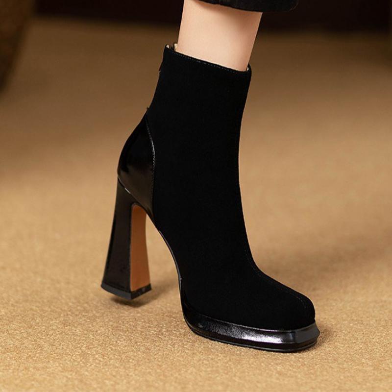 2026 Damen Stiefeletten Hohe Absätze Modeschuhe Klobige Luxus Damen Stiefel Winter Neue Designer Pumps Kleid Wildleder Femme Botas