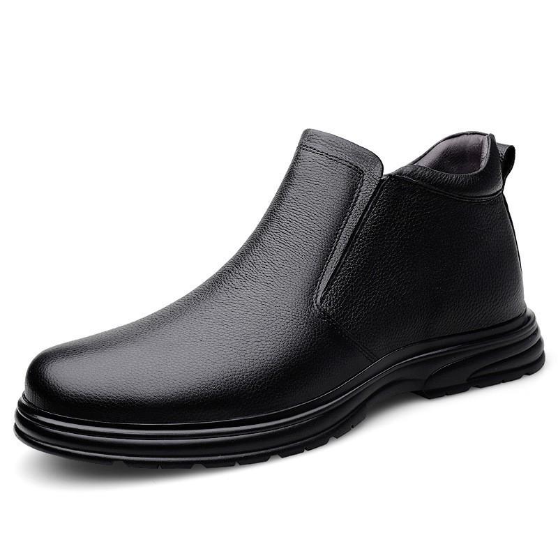 Men's High-Top Genuine Leather Slip-On Ankle Boots - Autumn/Winter Warm Velvet Cotton Casual Footwear
