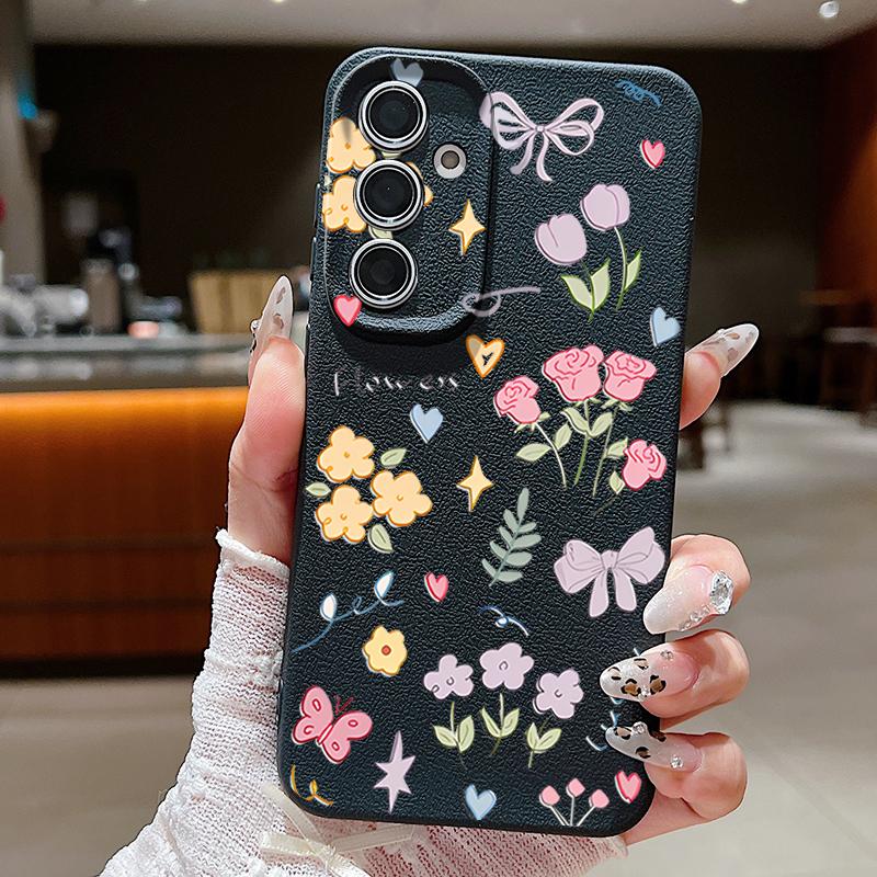 Cartoon Floral Bowknot Print Slim Phone Case For Samsung S25 S24 FE S23 Ultra A36 A56 A16 A55 A26 A35 Leather Texture TPU Soft Shockproof Matte Cover