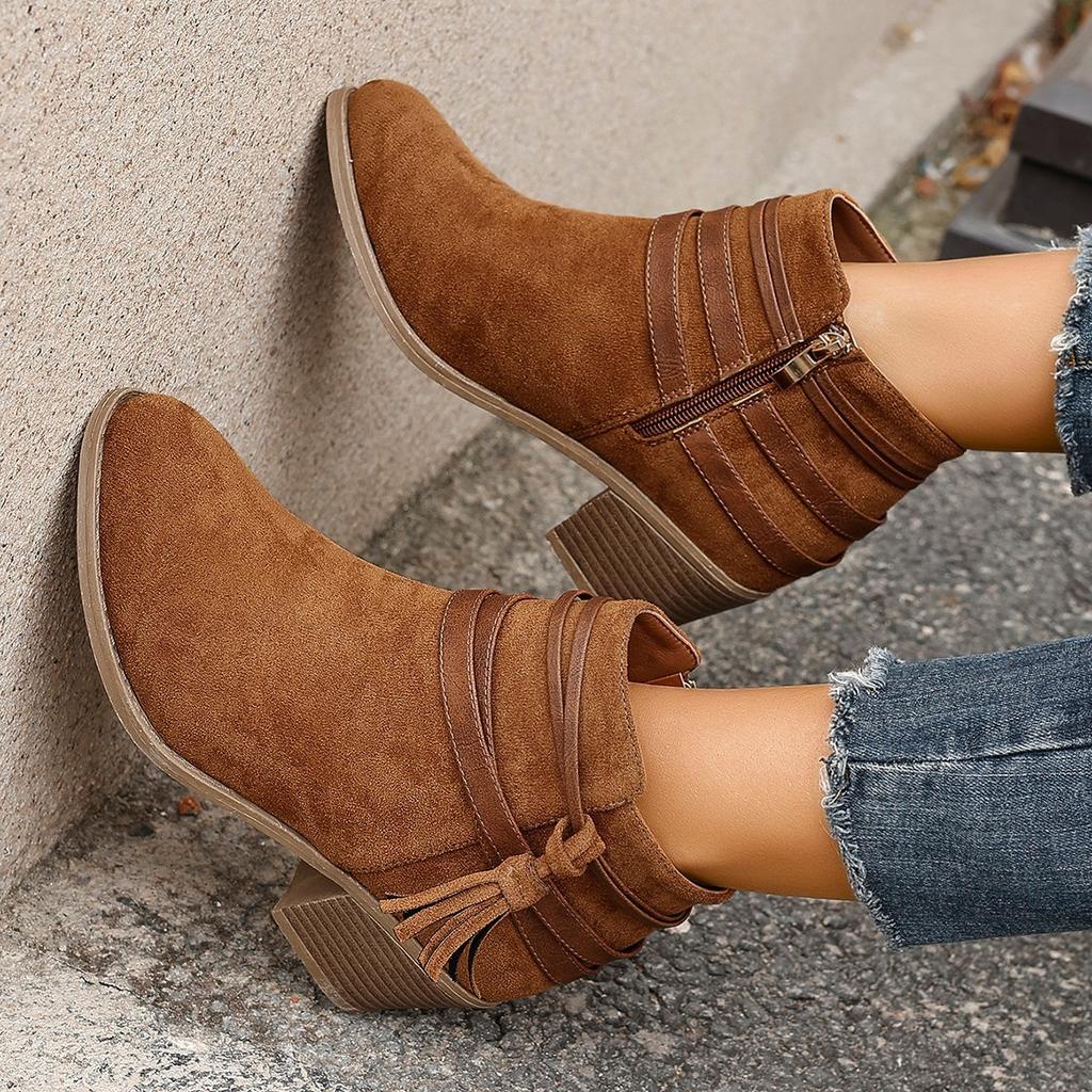 Large size winter new suede thick heel women's Martin boots belt buckle side zipper women's boots medium tube women's shoes