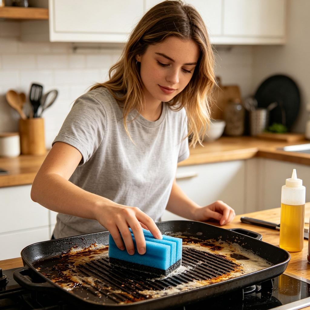 Grill Scraper with Replaceable Heavy Duty Cleaning Sponges Ergonomic Handle and Multi Layer Scouring Pads for BBQ Grates and Flat Top Surfaces