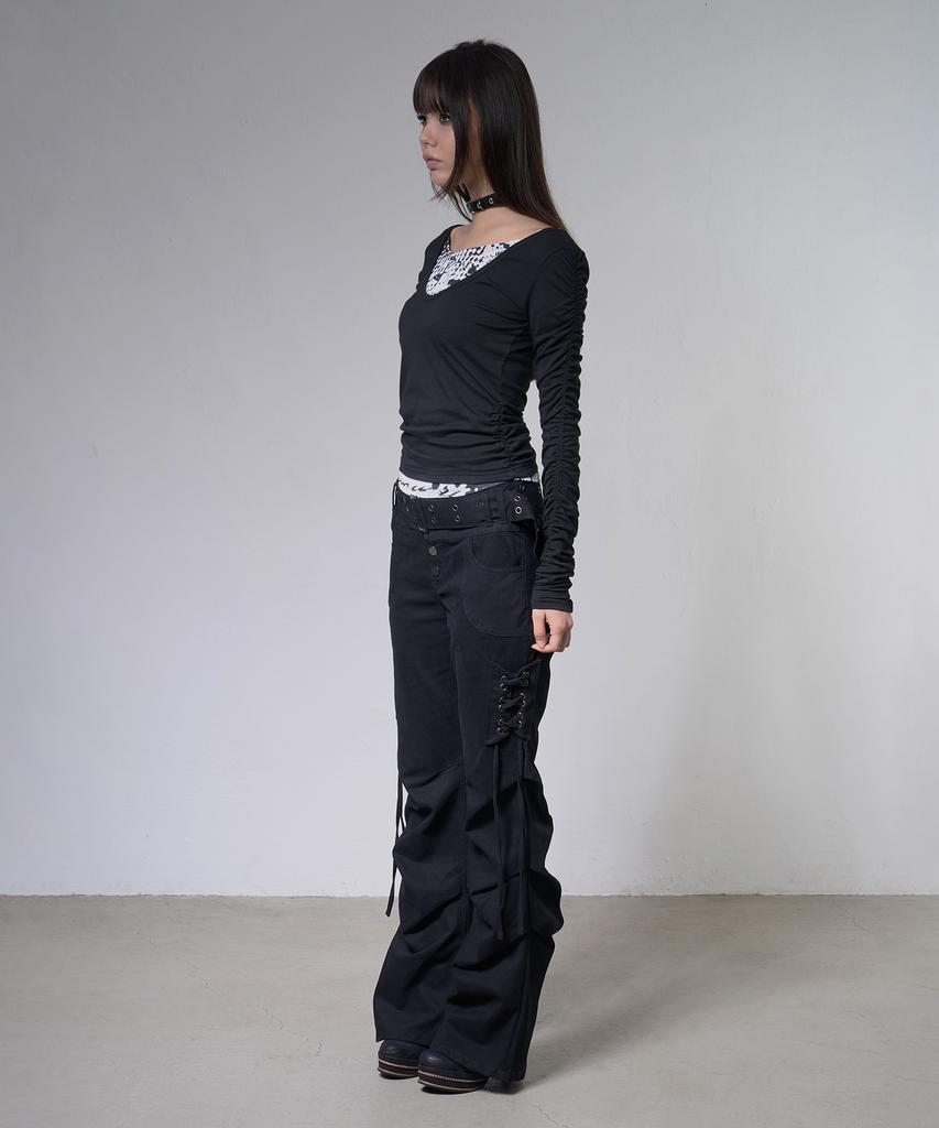 FANCY CLUB Double Layered Shirred Top (Black) F26Zb524