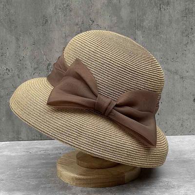 Französischer Retro Organza-Schleifen-Lampenschirm Strohhut Damen Große Krempe Faltbar Feiner Stroh-Sonnenschutz für den Strand Eimerhut