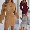 Autumn Winter Solid Color Woolen Dress O-Neck Lantern Sleeve Hollow Out Knitted Dresses for Women Fashion Casual