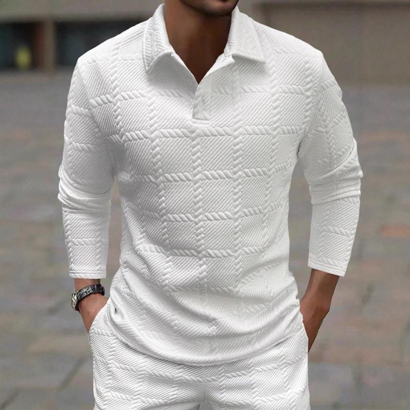 Men s White Textured Long Sleeve Polo Shirt with Turn Down Collar S белый