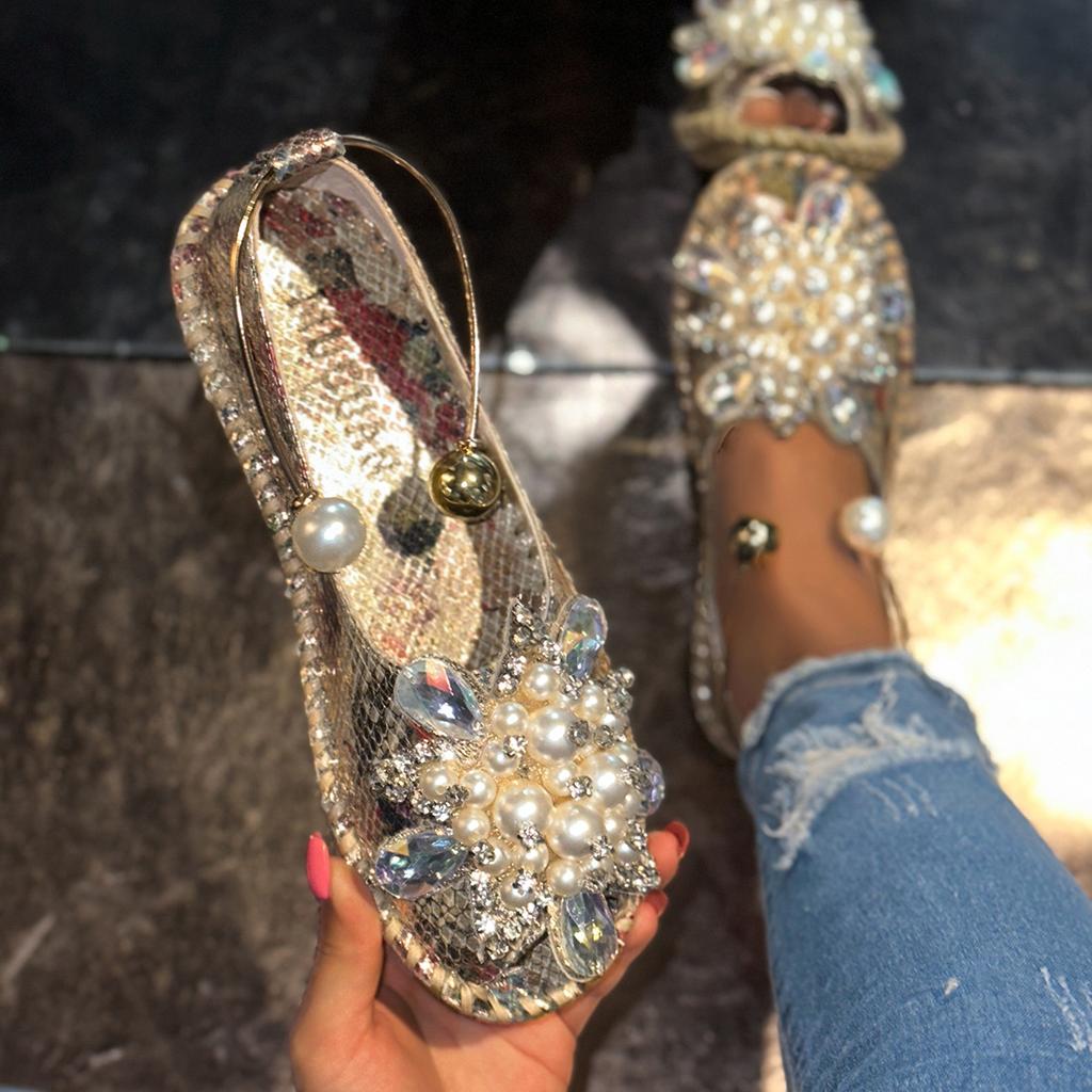 Women's Summer Beach Sandals With Rhinestone Sparkly Comfort Walking Shoes for Dressy Ankle Strap Open Toe Slip-On Casual Flats Sandals for Women