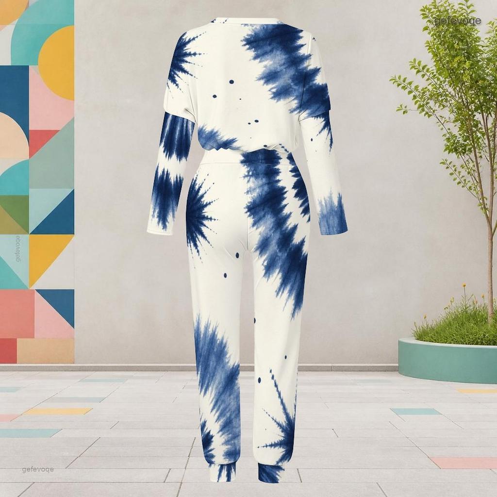 Women Plus Size Blue Beige Round Neck Long Sleeve Tie Dye Printed Two Piece Set Cuffed Tops Pants With Pockets