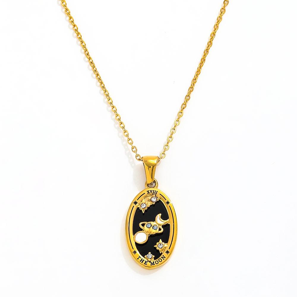 Fenny PVD Plated Waterproof Fashion Dainty Retro Oval Tarot Zirconia Pendant Necklace for Women Stainless Steel adjustable length