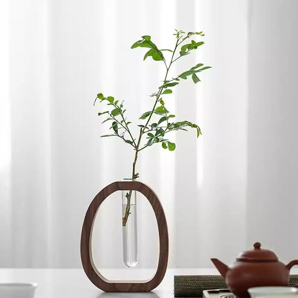 1PC Walnut Wooden Flower Vase Simple Glass Plant Vase Mini Aquarium Vase Flower Arrangement Home Decoration