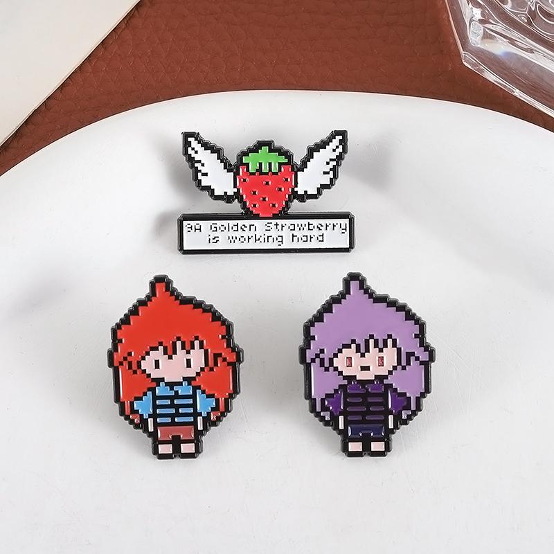 Game Characters Enamel Pins Custom Golden Strawberry Is Working Hard Brooches Lapel Badges Clothes Jewelry Gift for Kids Friends