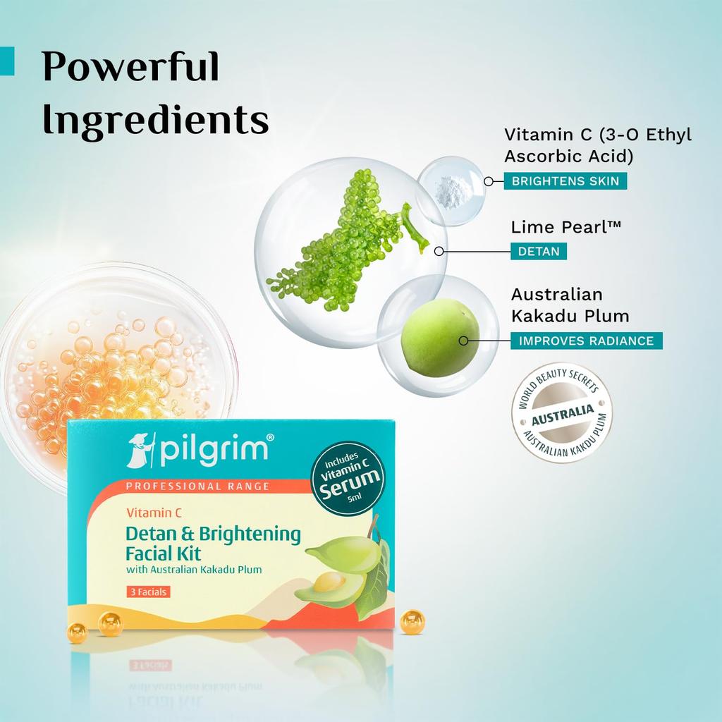 Pilgrim Vitamin C Detan & Brightening Facial Kit with Kakadu Plum for Glowing Skin 5ml Serum
