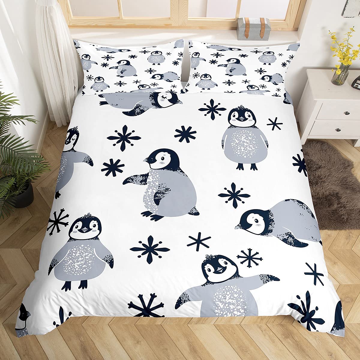 Penguin dekbedovertrek kawaii dierenprint zwart wit kleine pinguïn dekbedovertrek blauw ijsberg Antarctica winterbeddengoedset EU single(135x200cm)