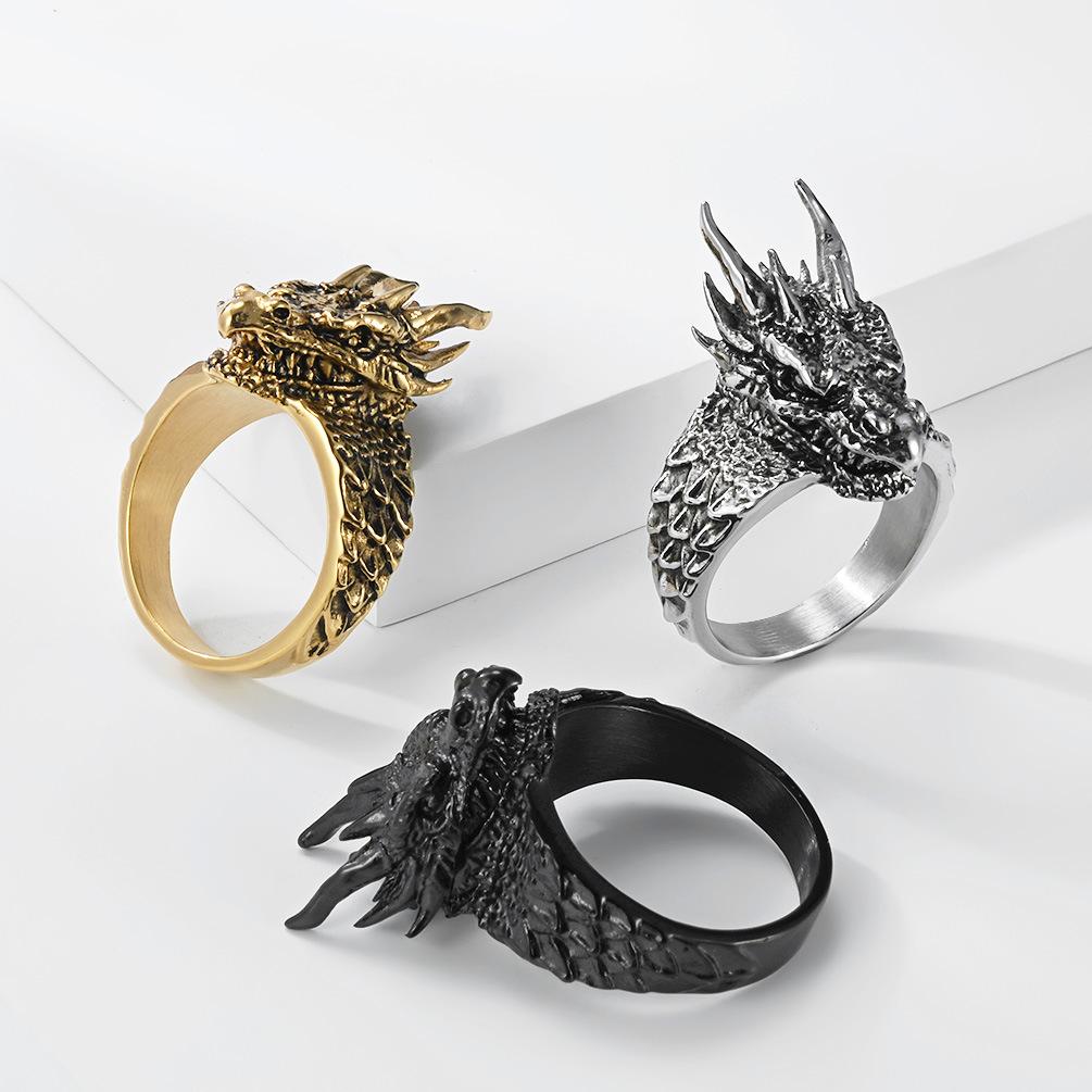 Men's Dragon Head Ring, 3 Colors Vintage Gothic Style Titanium Steel Ring, Punk Biker Jewelry, Dragon Totem Finger Ring for Men,
