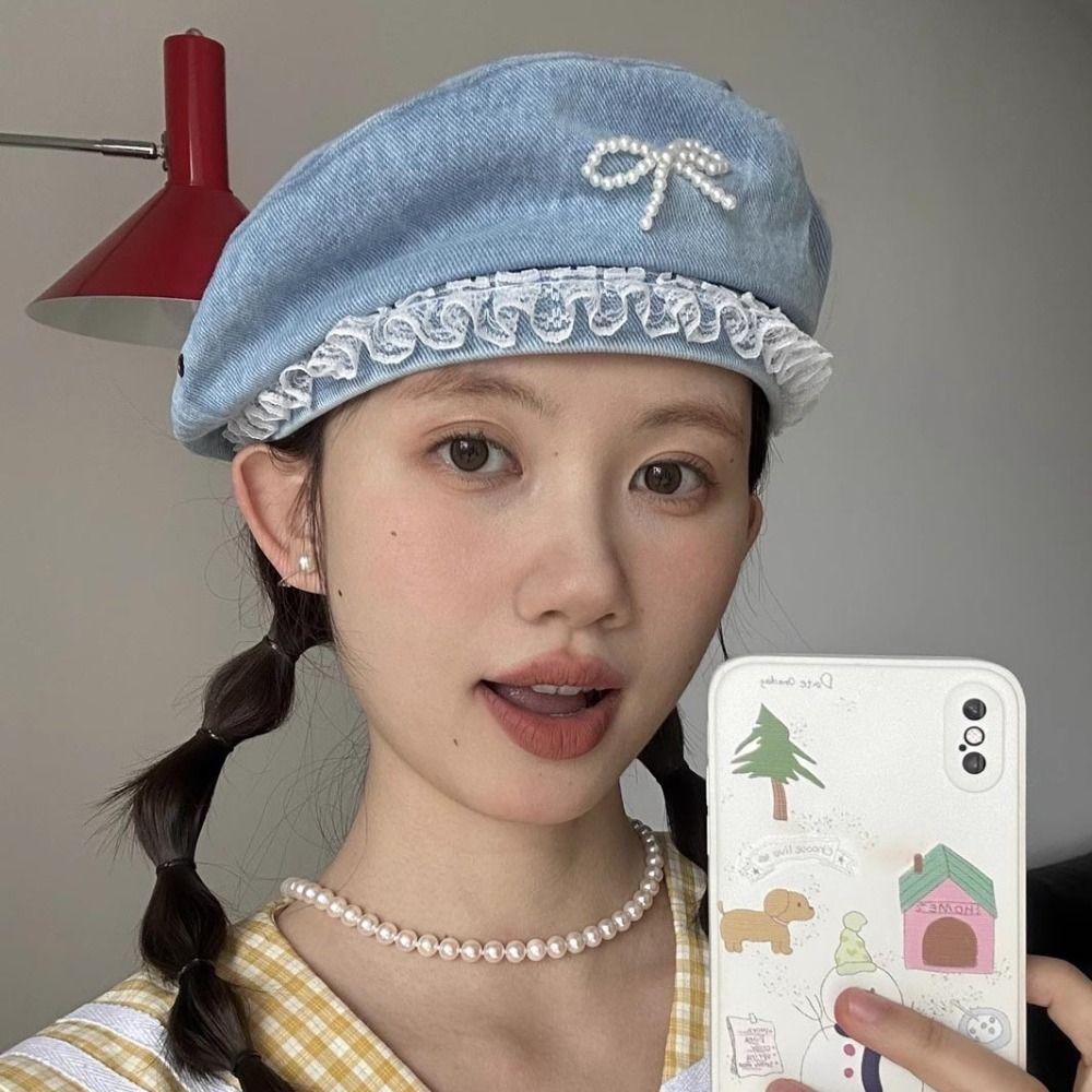

Korean Style Pearl Bow Beret Lace Denim Octagonal Hat Autumn Artist Hat Girls светло-синий