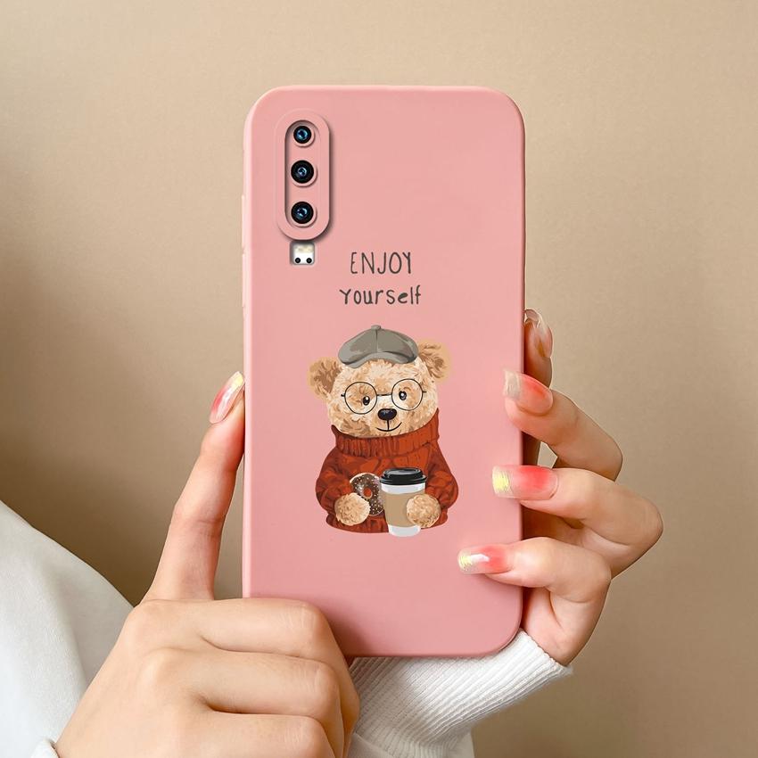 Phone Case For Huawei P30 Y5 P40 Y6 Y9 Y9A Y7 P60 Lens Protection Cute Doll Bear Pattern Liquid Silicone Soft Cover For Huawei Dustproof Bumper Casing