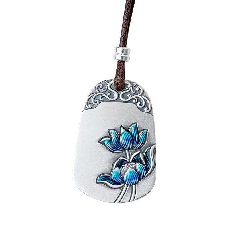 S999 Silver Ethnic Cloisonné Pendant with Auspicious Cloud, Lotus, and Koi Design