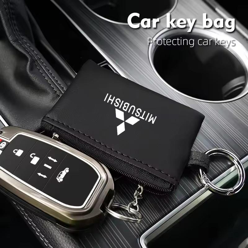 Car Leather Key Wallet Card Bag Emblem keychain Pouch For Mitsubishi Eclipse Lancer Space Delica Triton Ralliart Ex Star Jinxuan