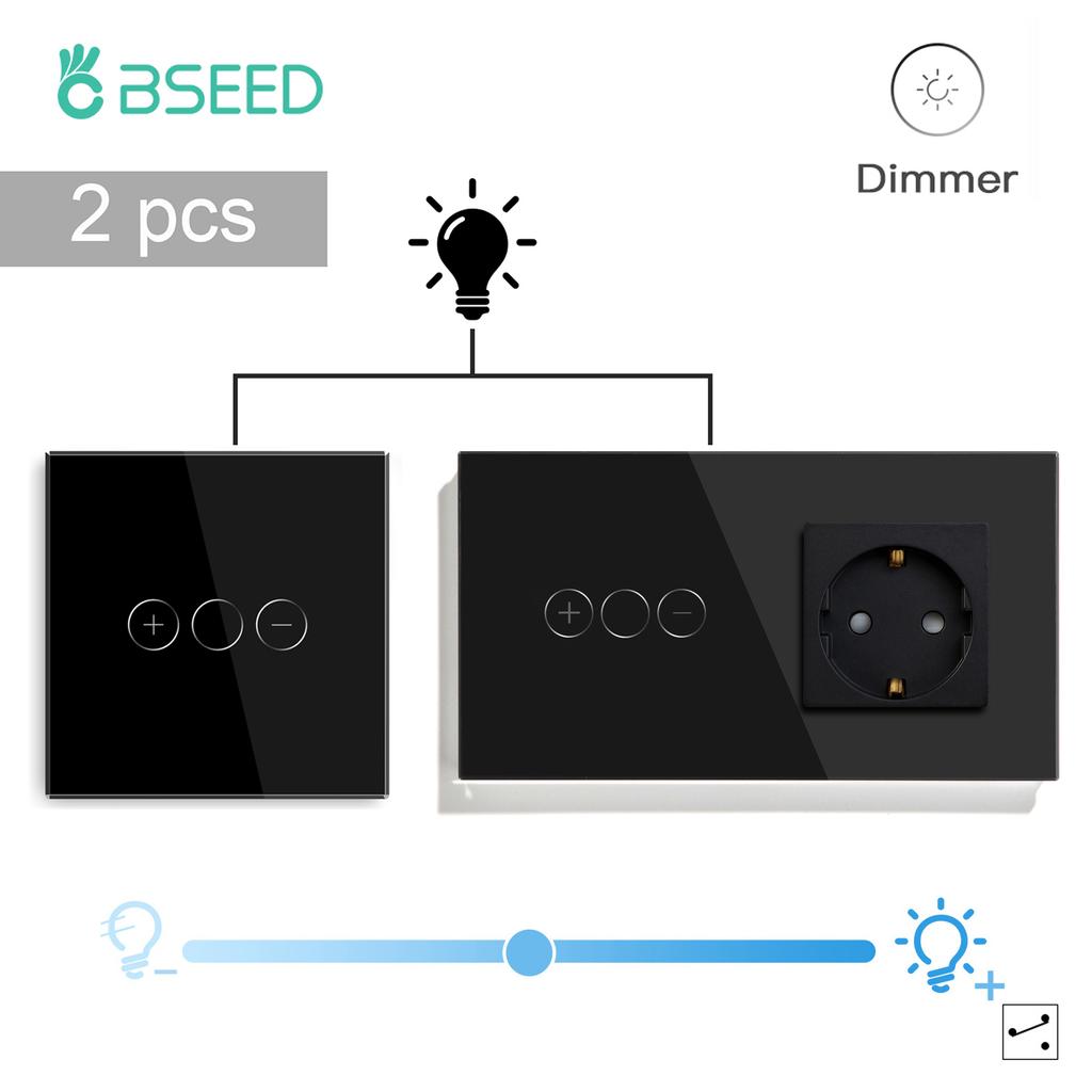 BSEED LED Touch Dimmer Schalter Wanddimmer 1-fach 2-Wege Sensor Schalter Plus EU Steckdosen USB Typ-c Gehärtetes Glas Wasserdicht 2er Pack