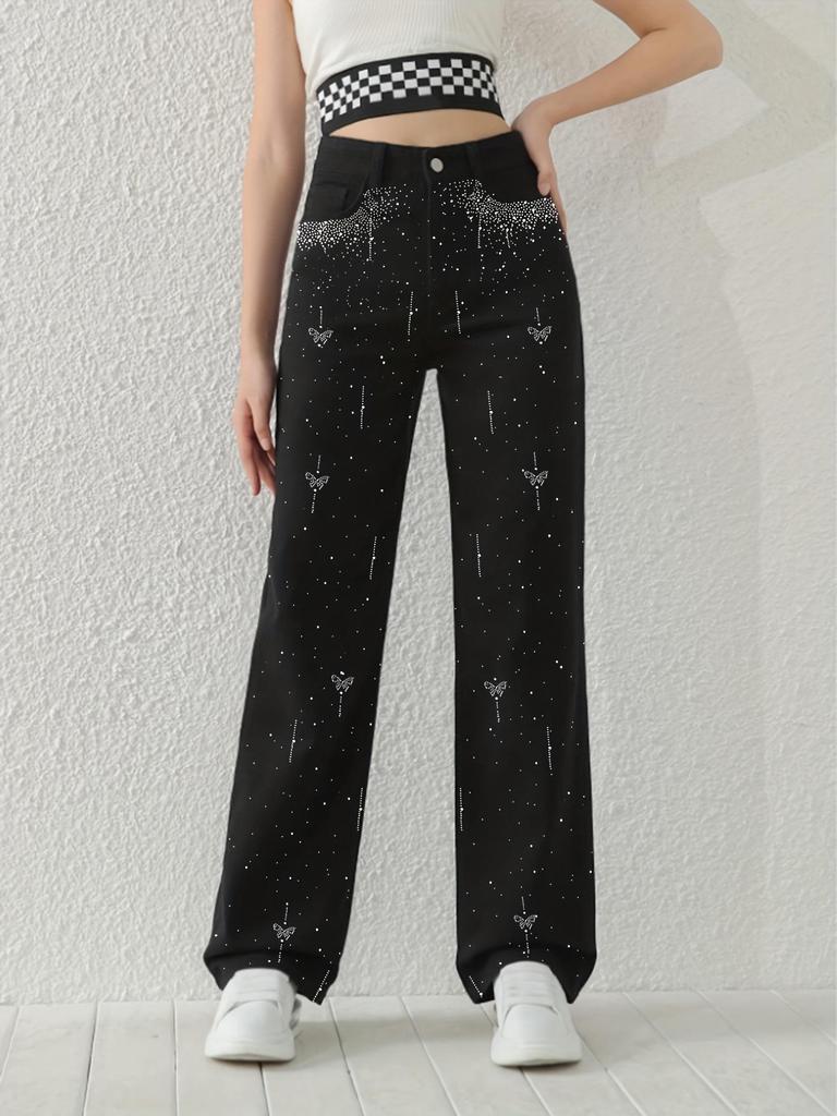 Women's Rhinestone Straight-Leg Jeans with Butterfly Design: Stylish and Comfortable