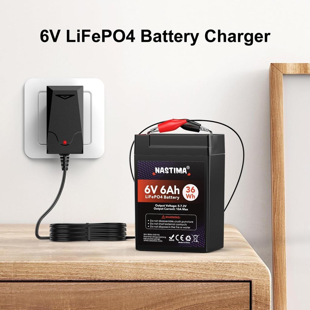 NASTIMA 6V LiFePO4 Battery Charger, 7.3V 1A Smart Charger for 6V Lithium Iron Phosphate Battery with Red and Black Clips and LED Indicator Light