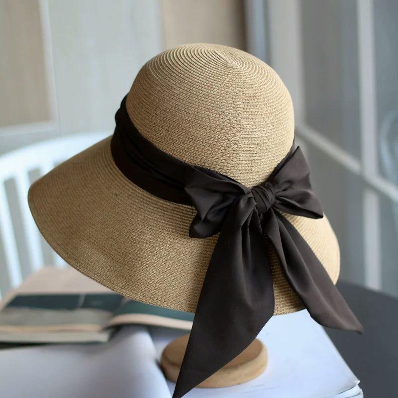 Korean Style Large Eave Bow Ribbon Beach Vacation Straw Hat Elegant Foldable Sun Protection And Face Covering Fisherman Hat