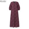 ZANZEA Women Floral Print Casual V-Neck 3/4 Sleeve Loose Long Dress