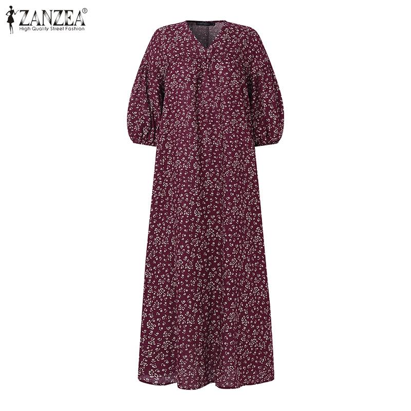 ZANZEA Women Floral Print Casual V-Neck 3/4 Sleeve Loose Long Dress