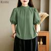 Women Stand Collar Solid Color Loose Casual Half Sleeve Blouse