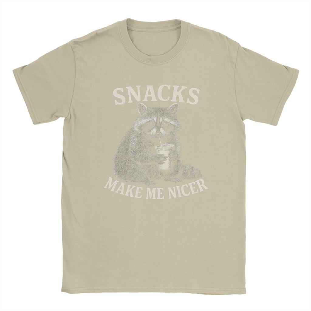 Humorous Snacks Make Me Nicer Raccoon Animal Sarcastic Saying Raccoon TShirts for Unisex Crew Neck Cotton T Shirt