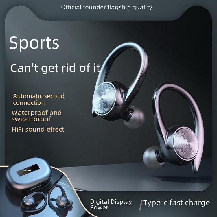 R200tws Sport Bluetooth 5.3 Ohrbügel-Headset mit schweißresistentem Design & LED-Anzeige.