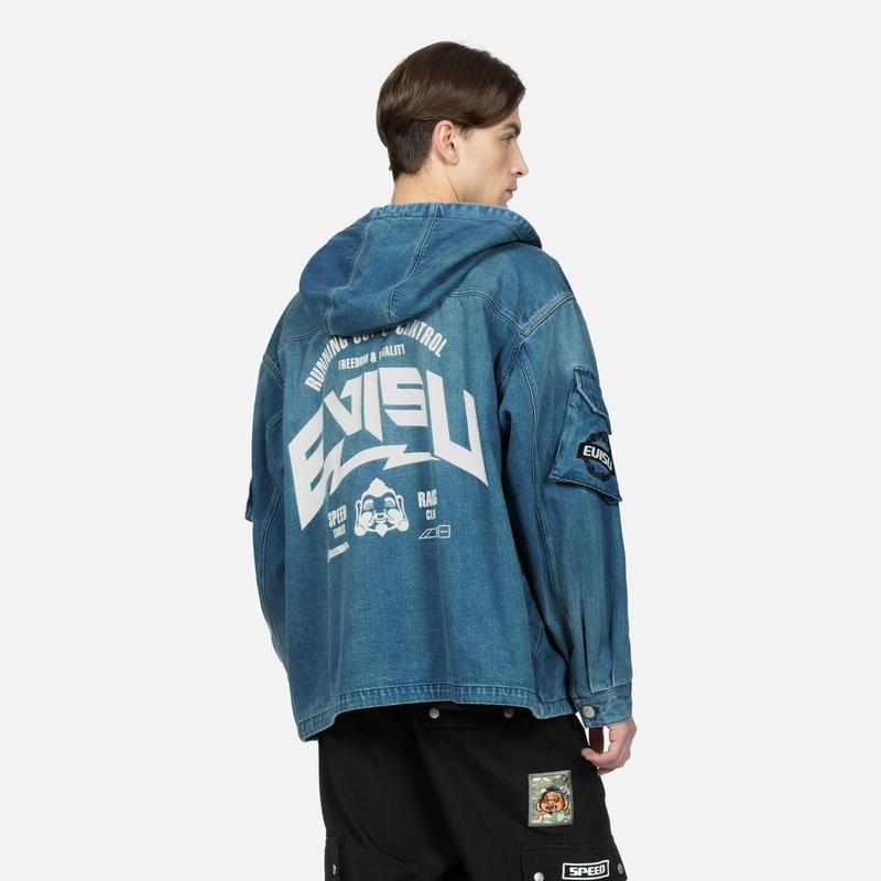 Evisu Little Seagull Letter Print Hooded Jacket Men Jackets Denim-Blue 2ESHTM3DJ235LFCT