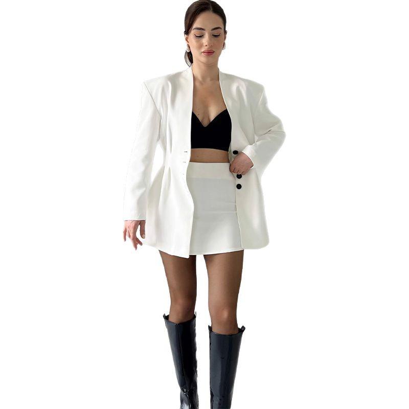 Ensemble Haut à Manches Longues Boutonné Couleur Unie pour Femmes 2025 & Jupe Courte