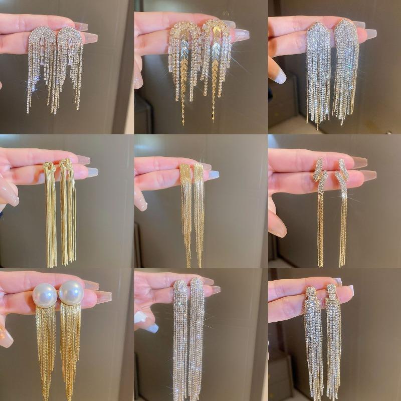 Silver Needle Metal Style Long Zircon Leaf Tassel Earrings Exquisite Fashion Earrings Cold Wind Light Luxury Temperament Earrings