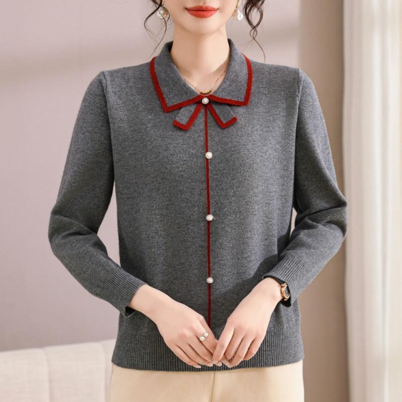 Mom's autumn shirt new early autumn lapel sweater spring and autumn long-sleeved knitted bottoming shirt women's top