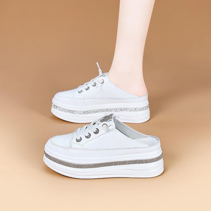 thick-soled muffin, little white shoes, women's outer wear, baotou drag, new fashionable rhinestone, lazy one pedal and half drag