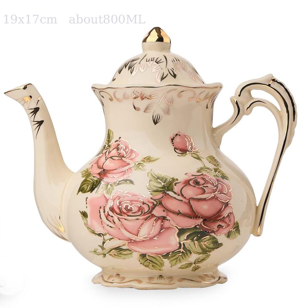 Vintage Rose Ceramic Teapot 800ml, Floral Teapot with Gold Leaf Rim for Loose Tea, Ivory Elegant Tea Pot, Gift for Tea Lovers