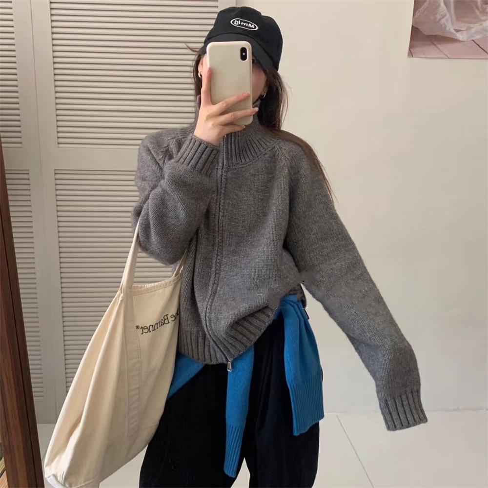 Korean Style Loose Knit Cardigan with Stand Collar and Double Zipper - Casual Short Jacket for Women