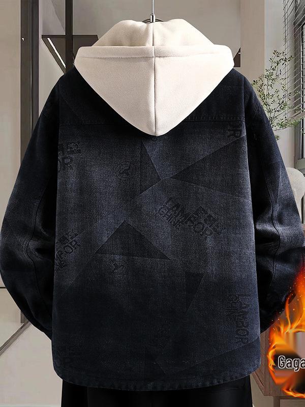 Men's Trendy Velvet-Lined Denim Hooded Jacket for Youth - Winter Warmth