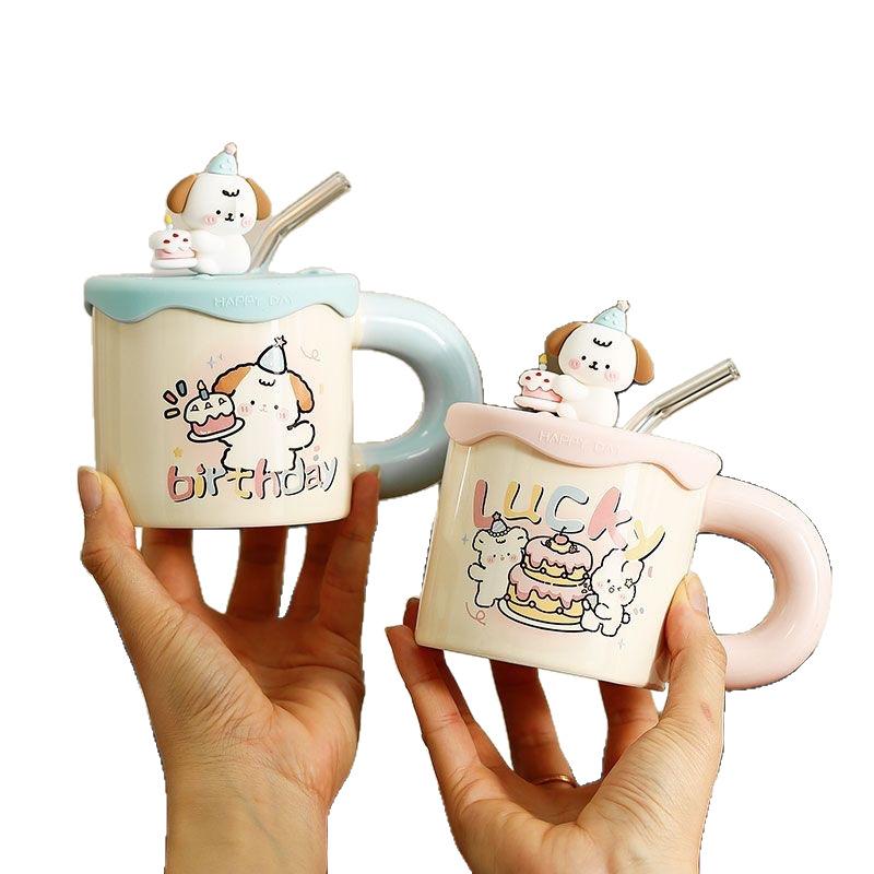 High Value Cartoon Puppy Straw Cup Girl Cute Ceramic Mug with Lid Couple Water Cup Birthday Gift
