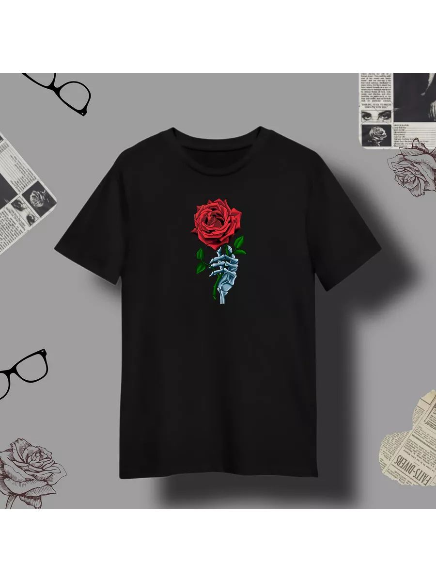 T-shirt skeleton hand with rose S
