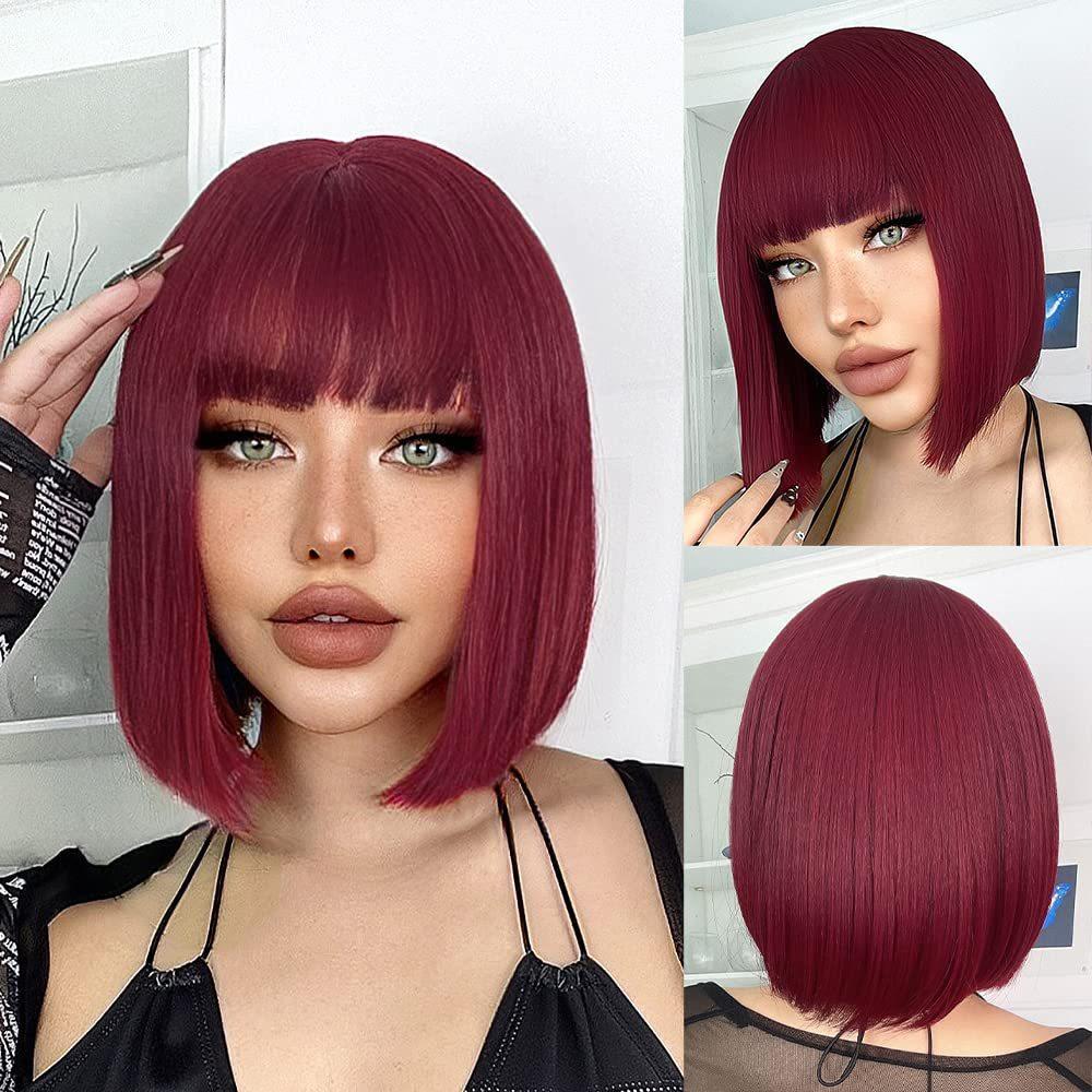 Wig European American Women's Fashionable Synthetic Head Cover Purple Gradient Color Bangs Short Straight Hair Wavy Inner Buckle